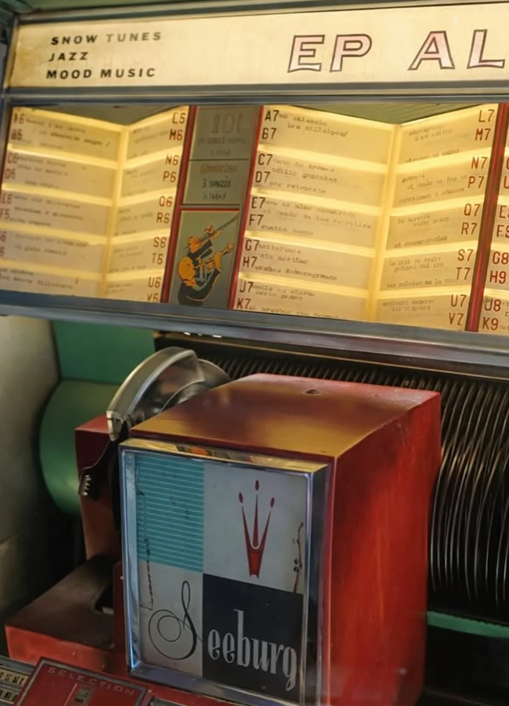 Selector Seeburg y tarjetero de canciones de una rockola